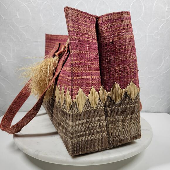 Crossing Pointe Raffia Beach Bag 14" Pink Brown Colorblock Tan Straw Diamond - Picture 14 of 16